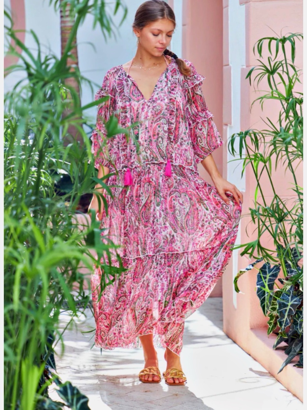 DEBBIE KATZ Kaia-Mariah Airy Paisley Metallic Polychiffon Tiered Beach Dress S